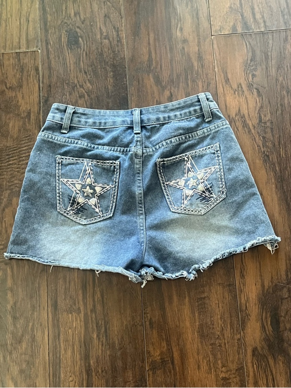 High-Rise Washed Blue Denim Frayed Hem Women's Shorts